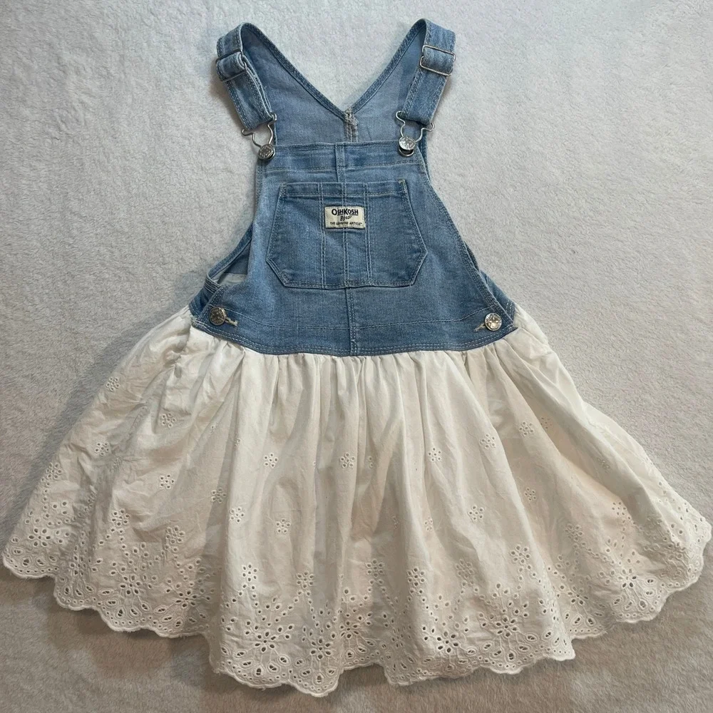 OshKosh Bgosh Girls Denim Eyelet Lace Bib Overall Dress Light Wash White Skirt